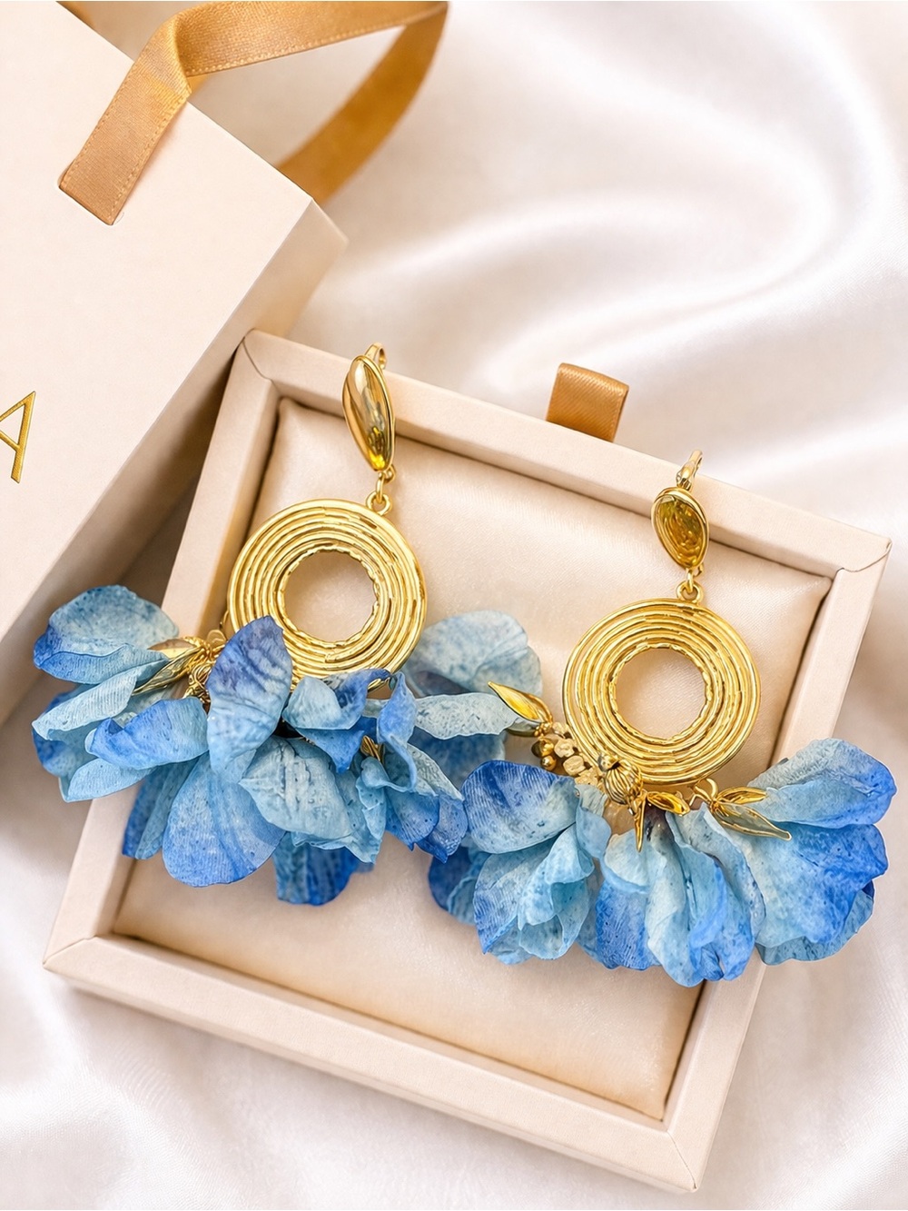 New in box Medina fine pearls Gold Hoop Drop Earrings with Blue Floral Accents